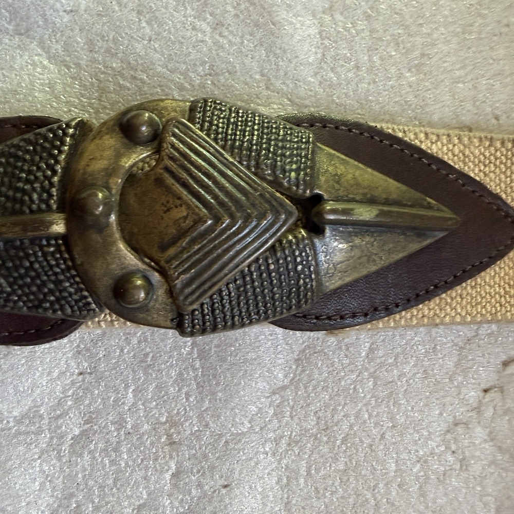 Vintage Omega Elastic Statement Belt Women M Beige Canvas Leather Trim Buckle - Picture 3 of 7